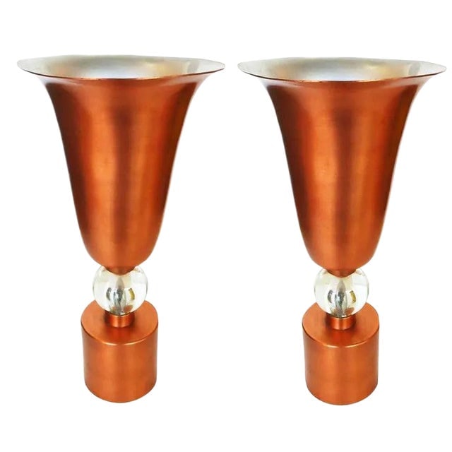 Copper Mid Century Torch√®re Table Lamps, Pair: Title: Copper Mid Century Torch√®re Table Lamps, Pair Description: Vintage pair of Mid-Century copper torchi√®re table lamps with leaded glass center accent. Made in the USA,