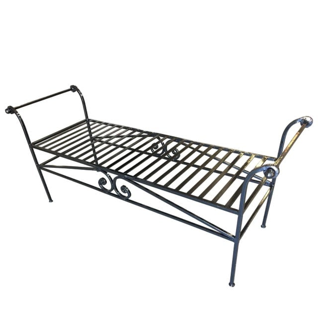 Scrolling Black Wrought Iron Chaise Lounge, Bench - 3