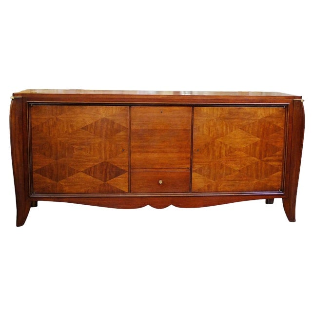 Elegant French Art Deco Sideboard: Title: Elegant French Art Deco Sideboard Description: A Beautiful French Art Deco Djo Bourgeois style sideboard with medium stain diamond pattern and wood inlay with Elegantly Tapered Legs. The Sidebo