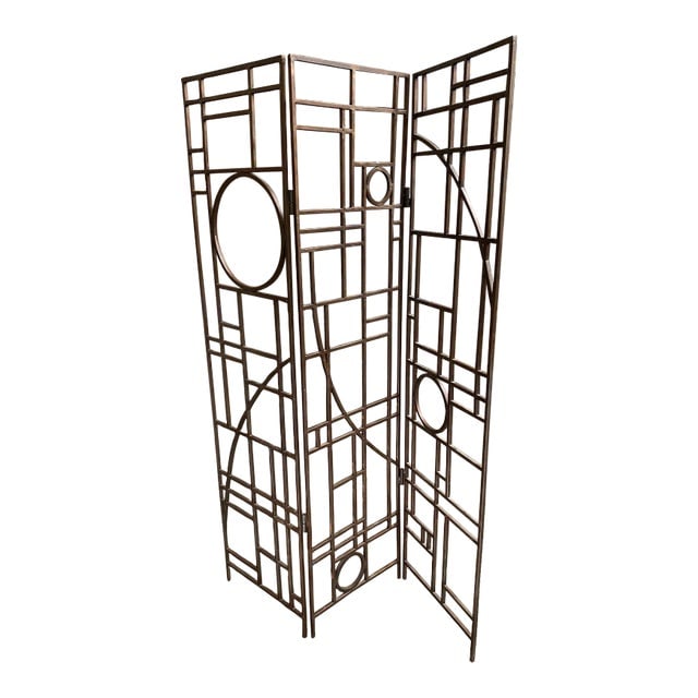 Post Modern Copper Tone Geometric Folding Room Divider by Robert Sonneman: Title: Post Modern Copper Tone Geometric Folding Room Divider by Robert Sonneman Description: Post-Modern folding room divider designed by Robert Sonneman for George Kovacs in the United States, circa