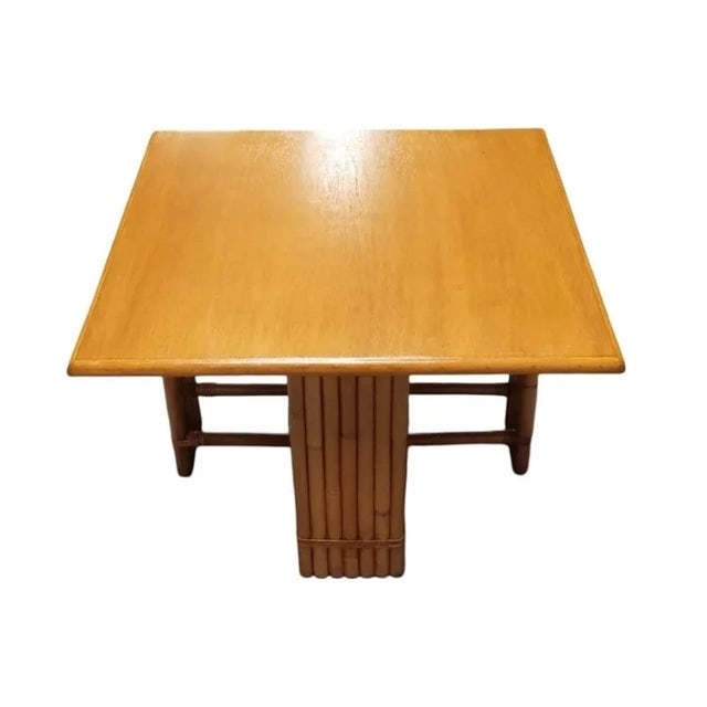 1950s Restored 7 Strand Rattan Crossed Legs Square Coffee Table W/ Mahogany Top - 3