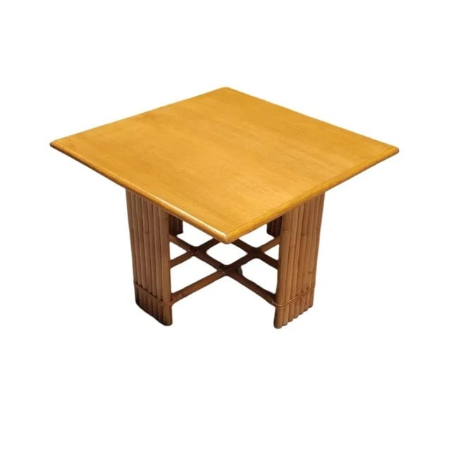 1950s Restored 7 Strand Rattan Crossed Legs Square Coffee Table W/ Mahogany Top - 4
