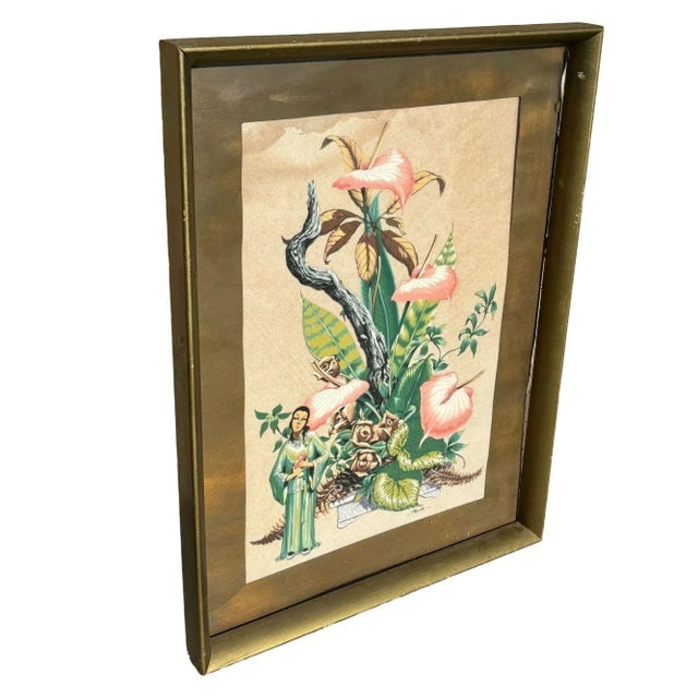 Framed Mid-Century Asian Floral Inspired Watercolor Print by Bunell - 2