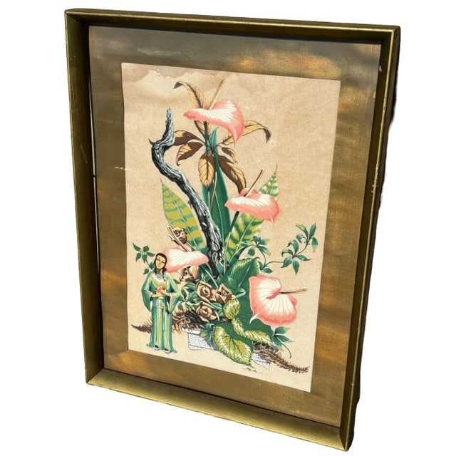 Framed Mid-Century Asian Floral Inspired Watercolor Print by Bunell - 3