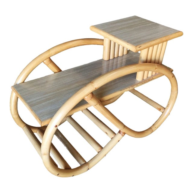 1930s Restored 3/4 Round Pretzel Rattan Side Table With Two-Tier Formica Tops (1 of 10)