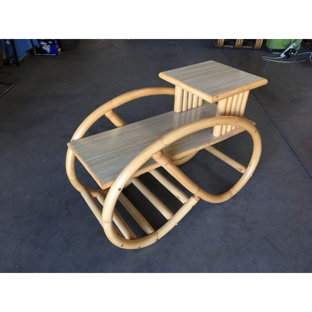 1930s Restored 3/4 Round Pretzel Rattan Side Table With Two-Tier Formica Tops - 5