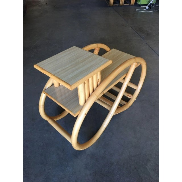 1930s Restored 3/4 Round Pretzel Rattan Side Table With Two-Tier Formica Tops - 6