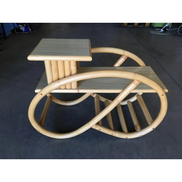 1930s Restored 3/4 Round Pretzel Rattan Side Table With Two-Tier Formica Tops - 7
