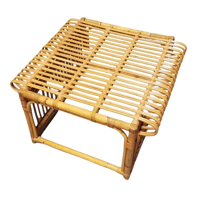 1970s Restored Skeleton Italian Pencil Reed Rattan Ottoman Footstool in the Style of Franco Albini: Title: 1970s Restored Skeleton Italian Pencil Reed Rattan Ottoman Footstool in the Style of Franco Albini Description: Restored rattan and pencil reed ottoman footrest featuring a top that scrolls