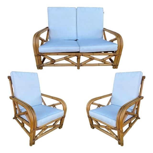 Restored Child Size "1949er" Two-Strand Rattan Sofa & Lounge Chair Set: Title: Restored Child Size "1949er" Two-Strand Rattan Sofa & Lounge Chair Set Description: Set of rare original child-size "1949er" two-strand rattan living-room set including a pair of lounge chairs 