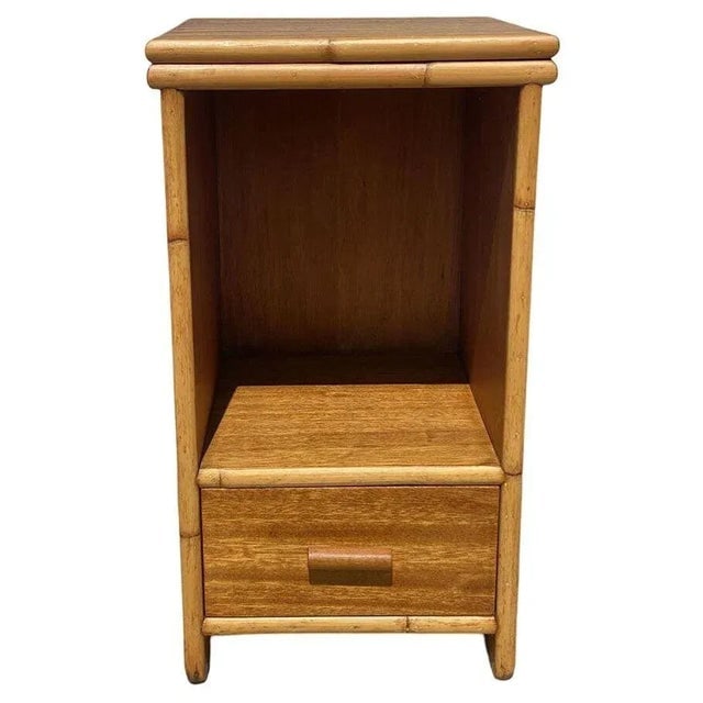 1950s Restored Mid-Century Single Drawer Stacked Rattan & Koa Wood Bedside Table - 2