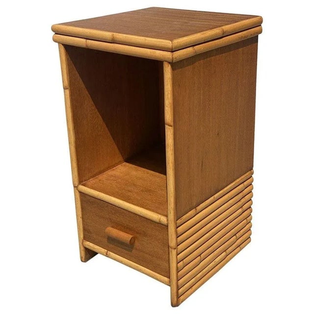 1950s Restored Mid-Century Single Drawer Stacked Rattan & Koa Wood Bedside Table - 3