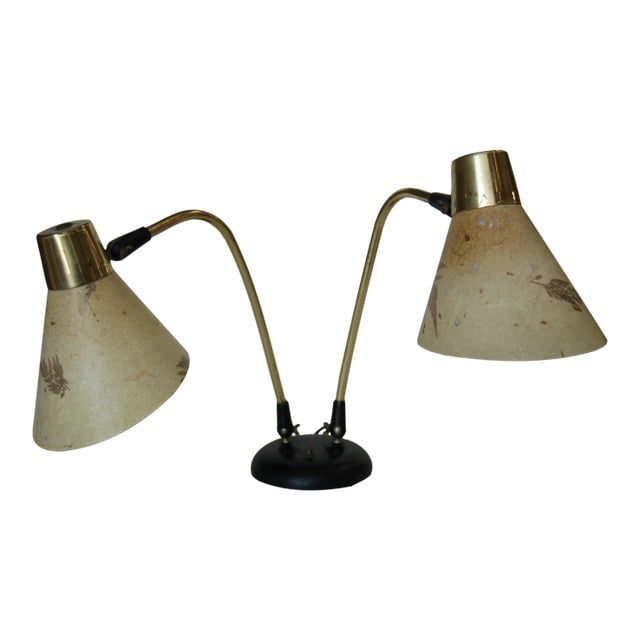Double Gooseneck Brass Desk Table Lamp W/ Pressed Floral Fiberglass: Title: Double Gooseneck Brass Desk Table Lamp W/ Pressed Floral Fiberglass Description: Pressed floral fiberglass double gooseneck brass adjustable cone desk table lamp. Measures 24" wide x 16" deep x