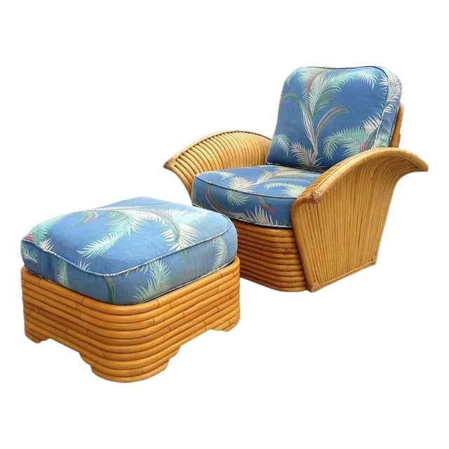 Restored Vintage Art Deco Rattan Fan Arm Lounge Chair With Ottoman: Title: Restored Vintage Art Deco Rattan Fan Arm Lounge Chair With Ottoman Description: YesRARE - Paul Frankl 1939 restored, Original Rattan Fan Arm Lounge Chair with Ottoman in bark cloth covering. Re