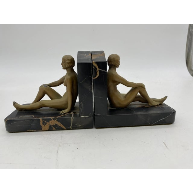 French Figure Flapper Girl Spelter Metal & Marble Bookend Pair, 1920 - 11