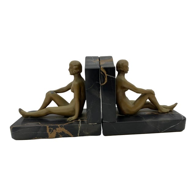 French Figure Flapper Girl Spelter Metal & Marble Bookend Pair, 1920 (1 of 11)