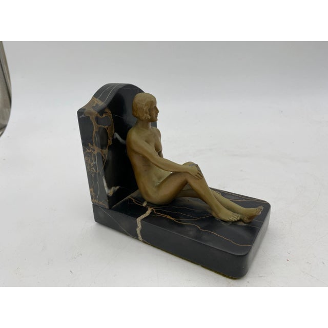 French Figure Flapper Girl Spelter Metal & Marble Bookend Pair, 1920 - 3