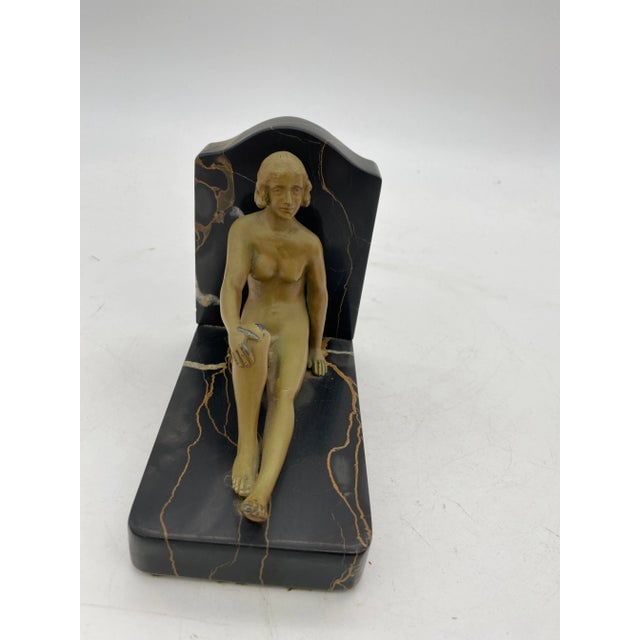 French Figure Flapper Girl Spelter Metal & Marble Bookend Pair, 1920 - 4