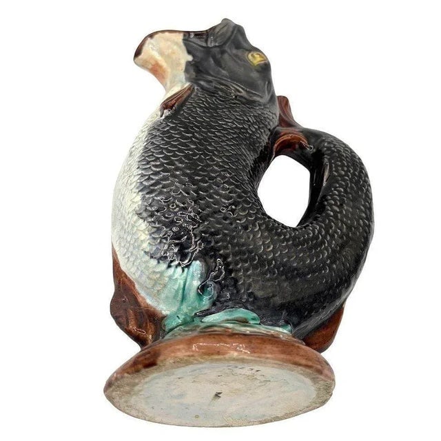 Late 19th Century Victorian Hand Painted Majolica Gurgle Fish Ceramic Pitcher - 2