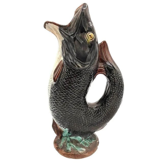 Late 19th Century Victorian Hand Painted Majolica Gurgle Fish Ceramic Pitcher - 3