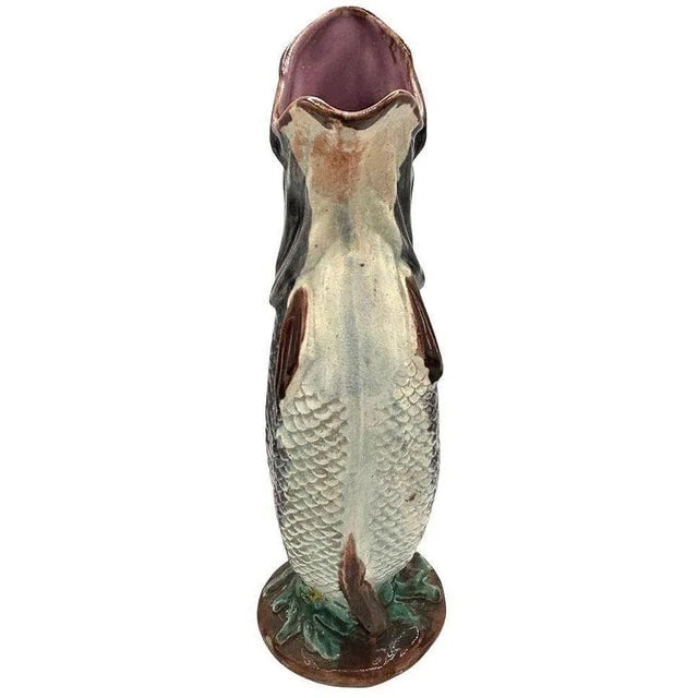 Late 19th Century Victorian Hand Painted Majolica Gurgle Fish Ceramic Pitcher - 4