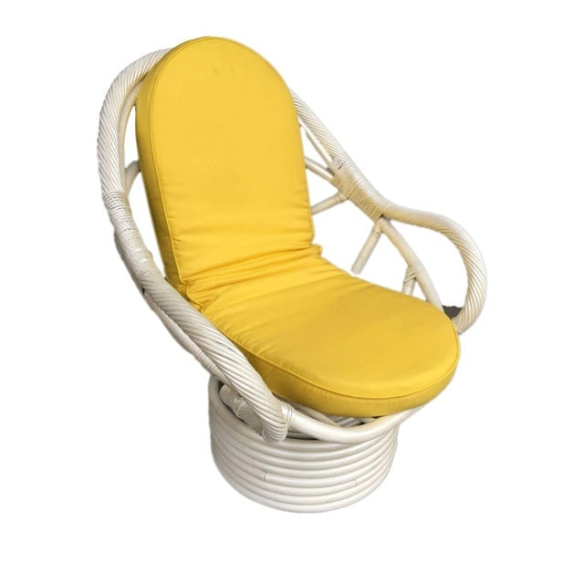 Restored White Rattan Bucket Lounge Chair With Swivel Base - 11