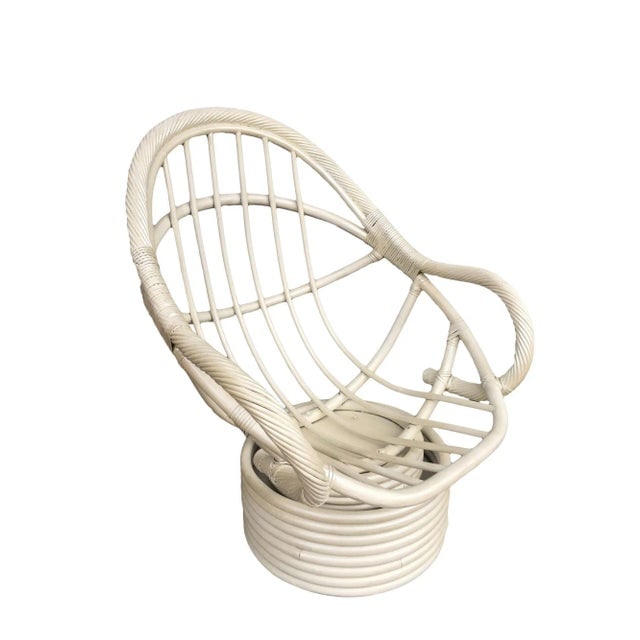 Restored White Rattan Bucket Lounge Chair With Swivel Base - 2