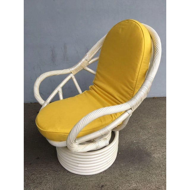 Restored White Rattan Bucket Lounge Chair With Swivel Base - 3