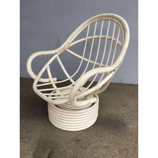 Restored White Rattan Bucket Lounge Chair With Swivel Base - 9