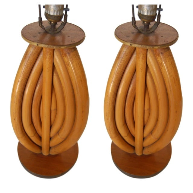 1950s Restored Rattan Table Lamps With Tri-Shape Loop Pattern & Mahogany Base, Pair - 2