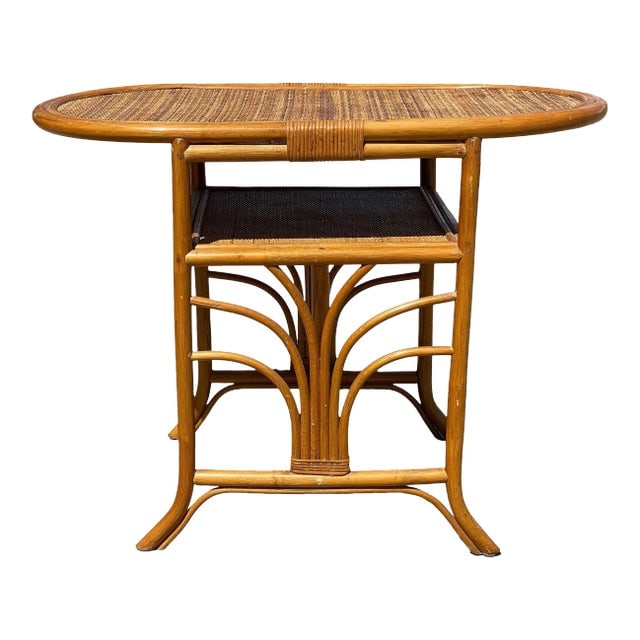 1940s Restored Art Deco "Palm" Rattan Side Drink Table W/ Rice Mat Top (1 of 7)