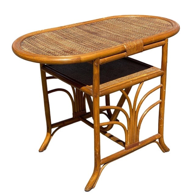 1940s Restored Art Deco "Palm" Rattan Side Drink Table W/ Rice Mat Top - 2