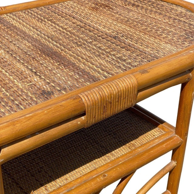 1940s Restored Art Deco "Palm" Rattan Side Drink Table W/ Rice Mat Top - 7