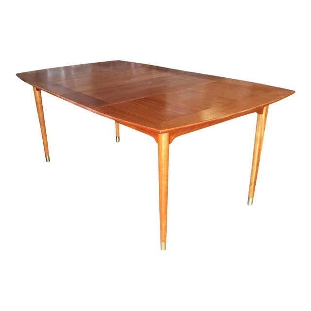 1950s Brown Saltman Mahogany Extendable Dining Table by John Keal: Title: 1950s Brown Saltman Mahogany Extendable Dining Table by John Keal Description: Large Mid-century mahogany extendable dining table by John Keal for Brown Saltman featuring well-shaped tapered le