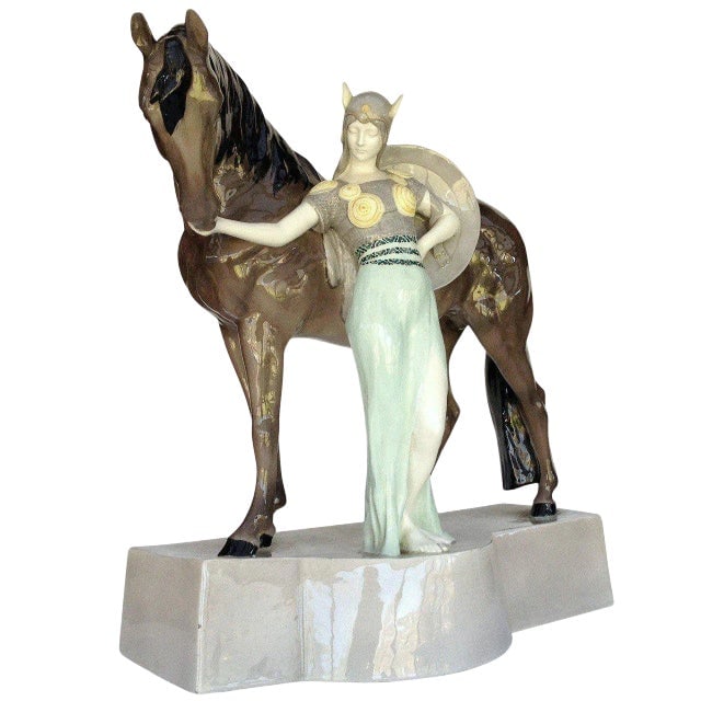 1930s Ceramic Valkyrie and Horse Sculpture by Stanislaus Capeque for Goldscheider (1 of 9)