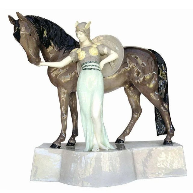 1930s Ceramic Valkyrie and Horse Sculpture by Stanislaus Capeque for Goldscheider - 2