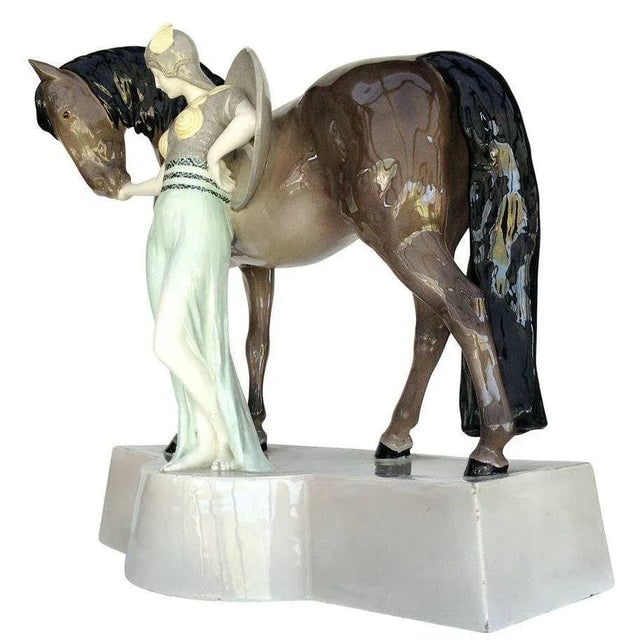 1930s Ceramic Valkyrie and Horse Sculpture by Stanislaus Capeque for Goldscheider - 3