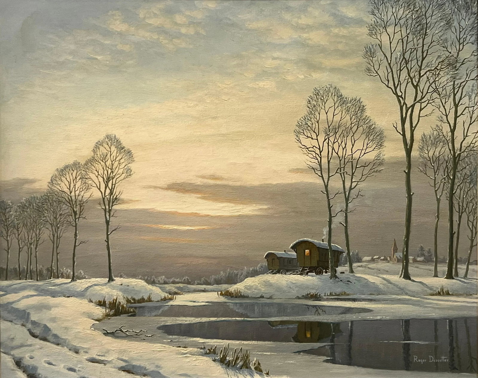 Roger Charles Desoutter 20th Century Painting of a River Landscape Winter Snow Scene With Gypsy Cara - 2