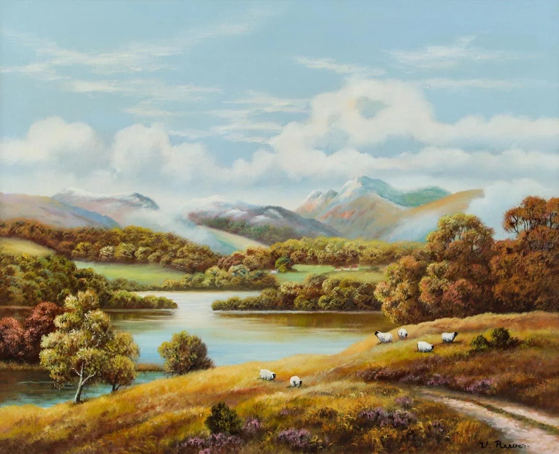 Vintage Painting of Sheep Beside a Loch in the Scottish Highlands by 20th Century British Artist, 19 - 2