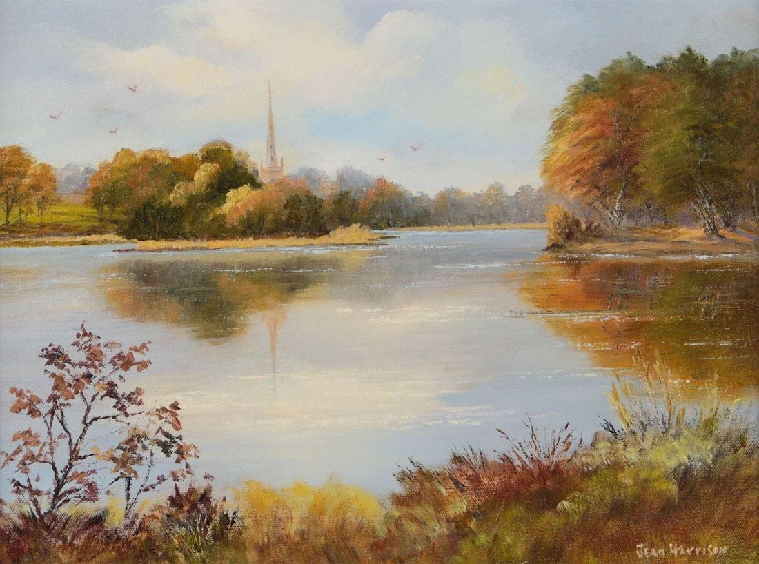 Oil Painting of Lake Scene Northern Ireland With Village Church by Irish Artist - 2