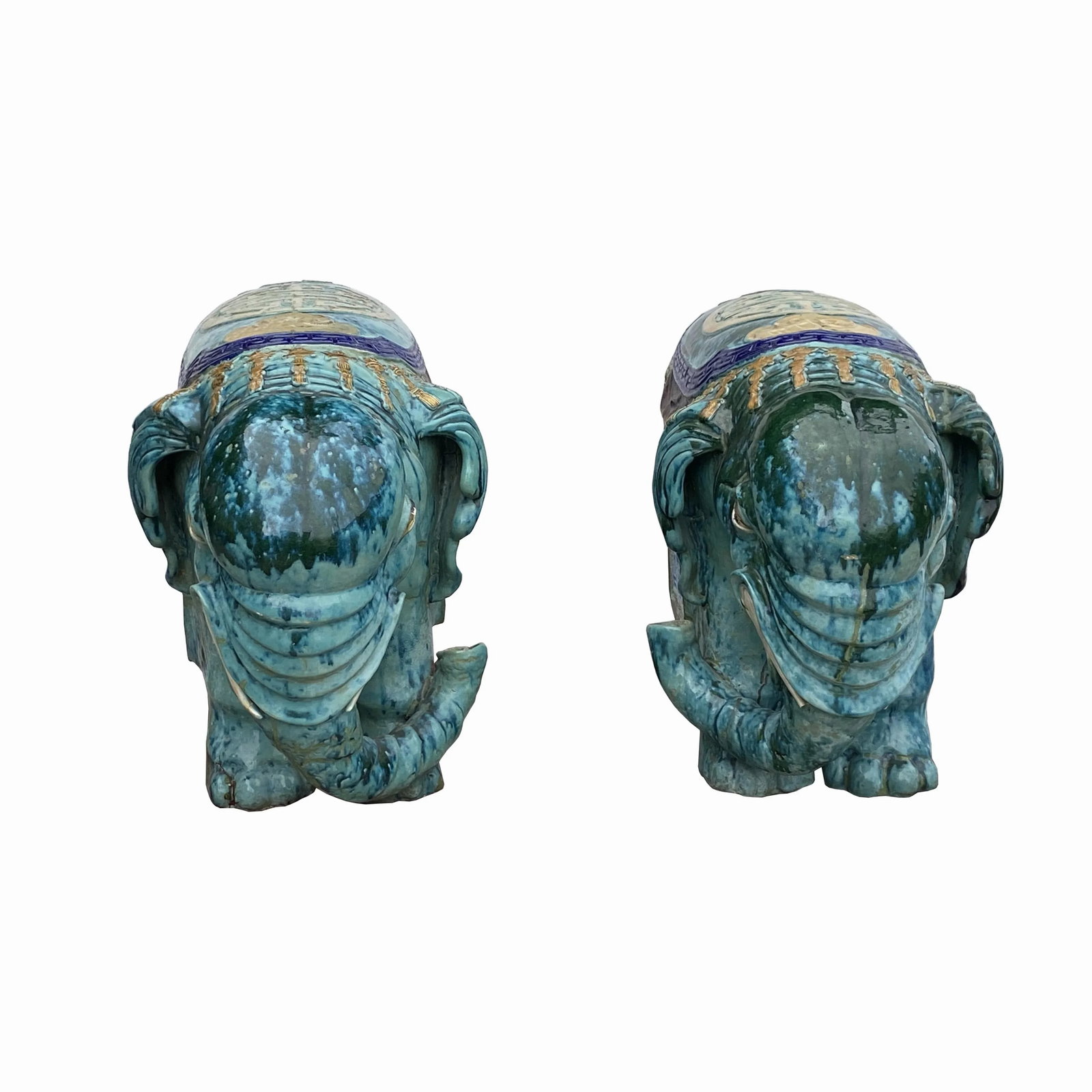 Pair Vintage Ceramic Handmade Chinese Turquoise Blue Elephant Figures - 2