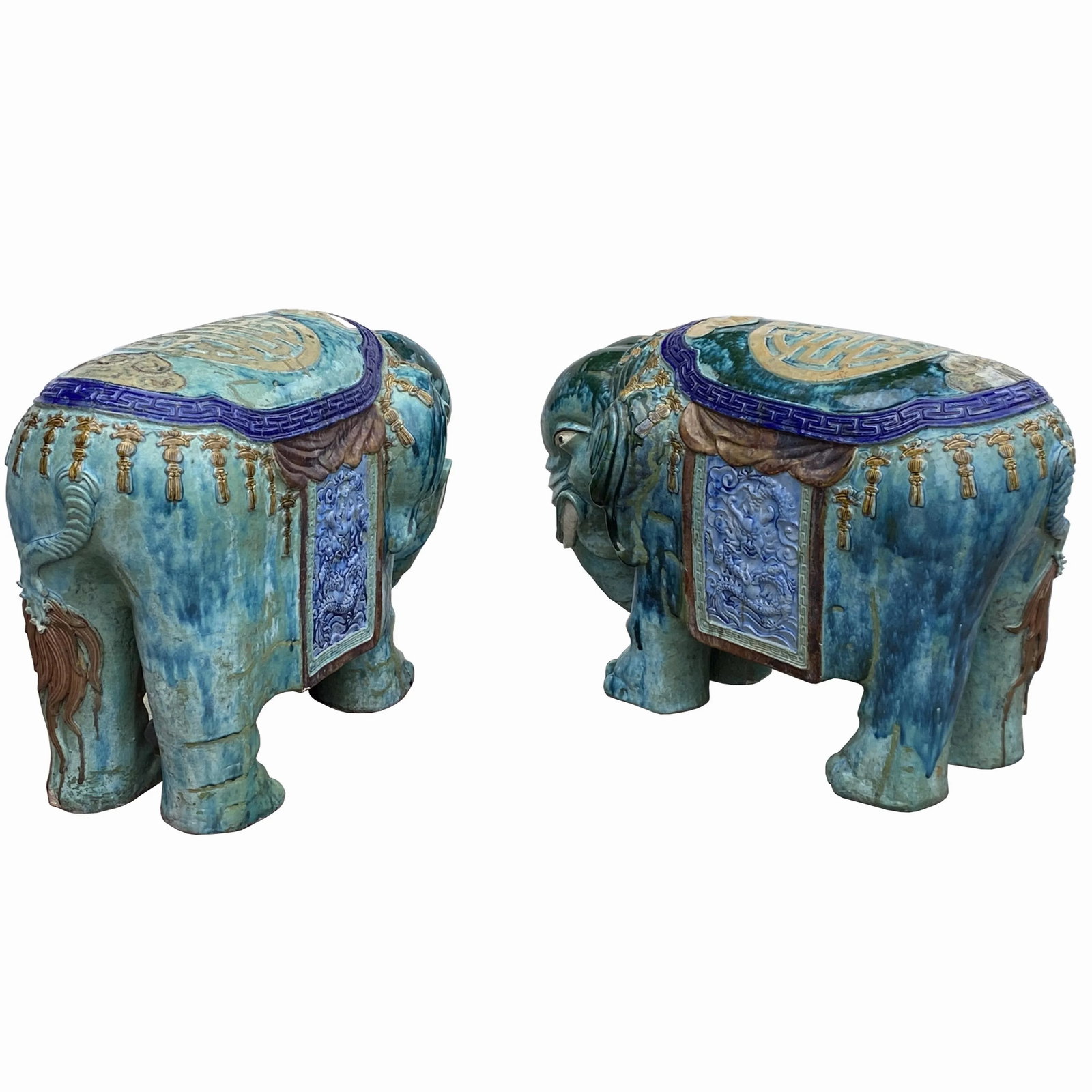 Pair Vintage Ceramic Handmade Chinese Turquoise Blue Elephant Figures - 3
