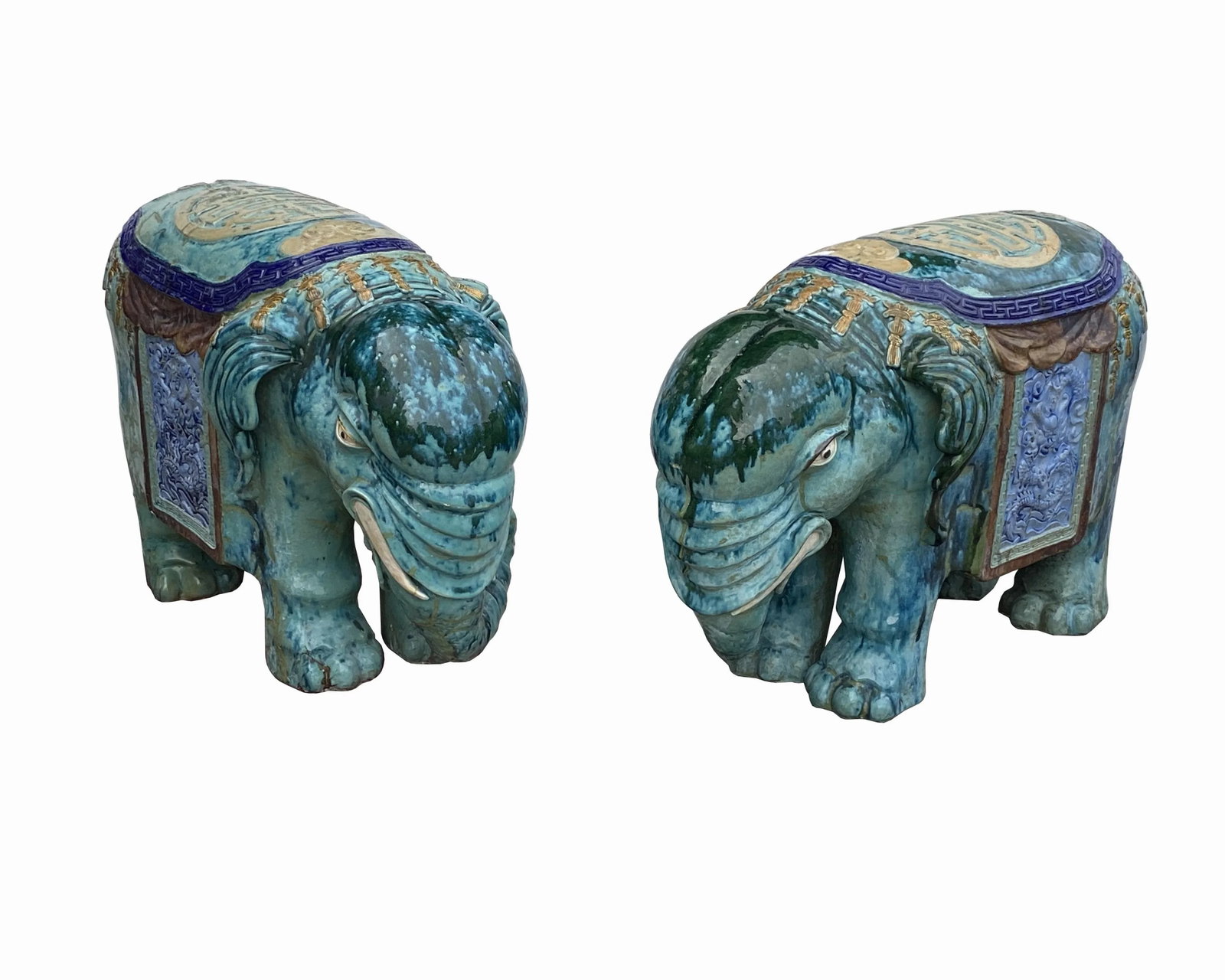 Pair Vintage Ceramic Handmade Chinese Turquoise Blue Elephant Figures - 4