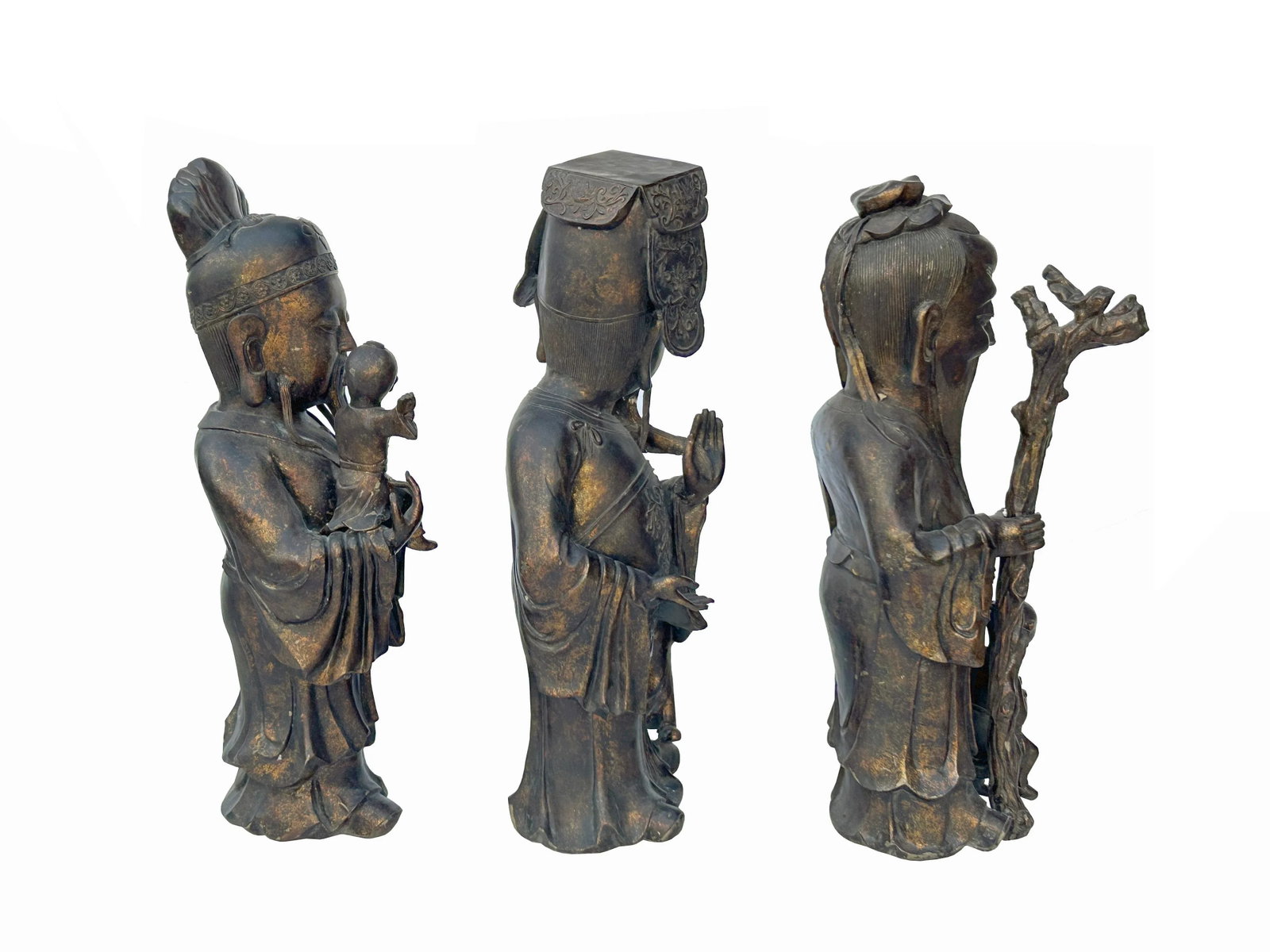 Chinese Vintage Bronze Metal SanXing ( 3 Deities ) Fu Lu Shou Statue Set - 2