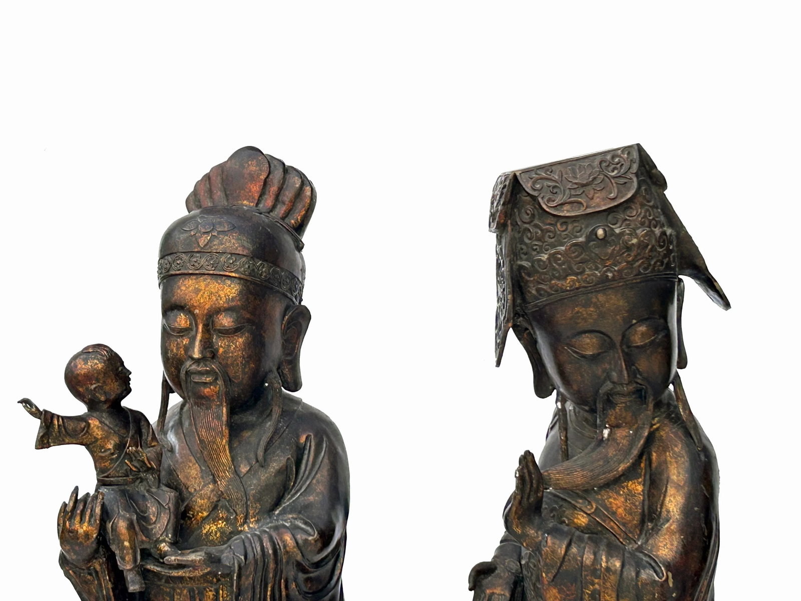 Chinese Vintage Bronze Metal SanXing ( 3 Deities ) Fu Lu Shou Statue Set - 7