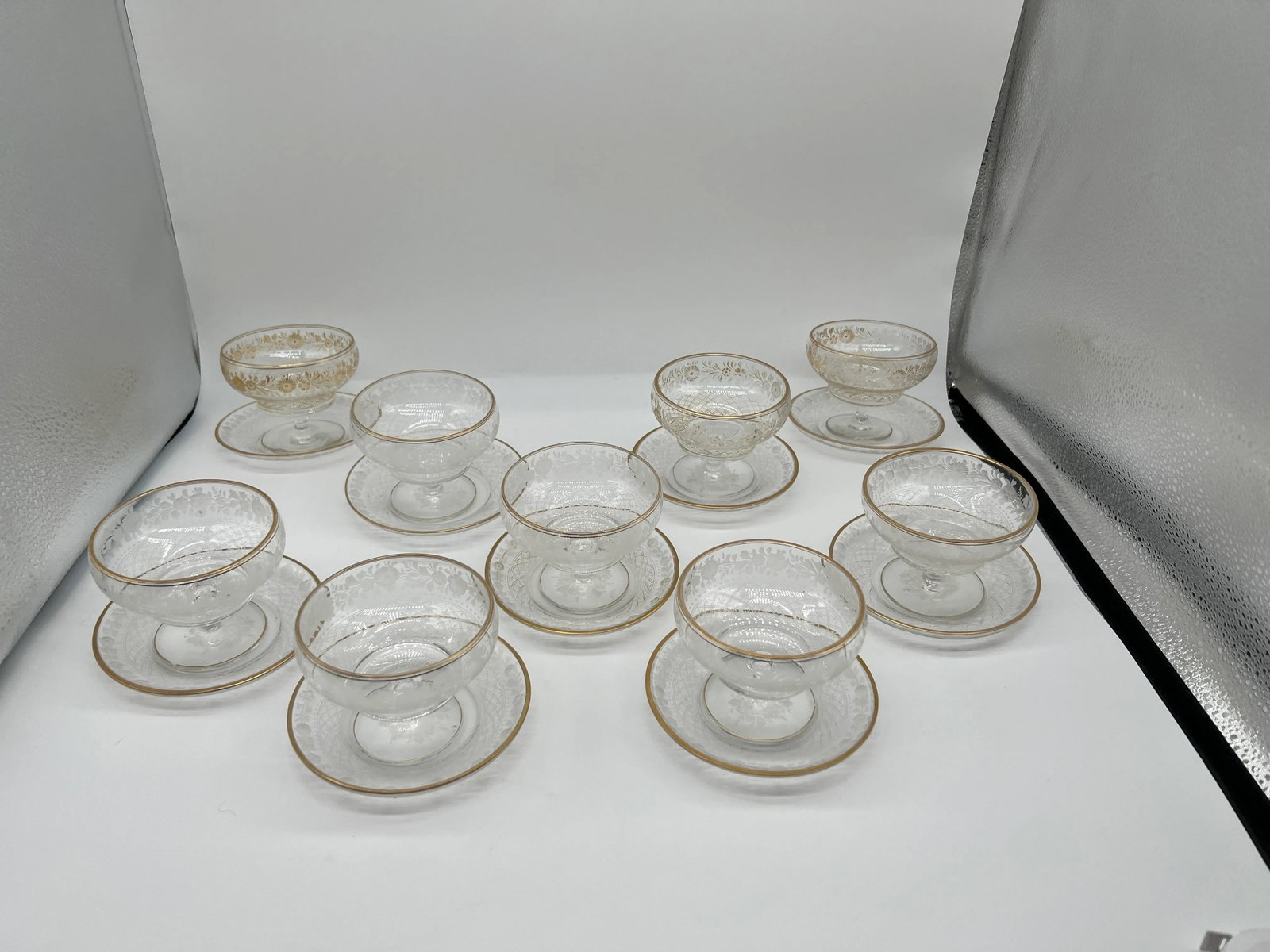18 Pc, Antique Foliate & Gilt Acid Etched Champagne Coupe & Under Plate Set - 2