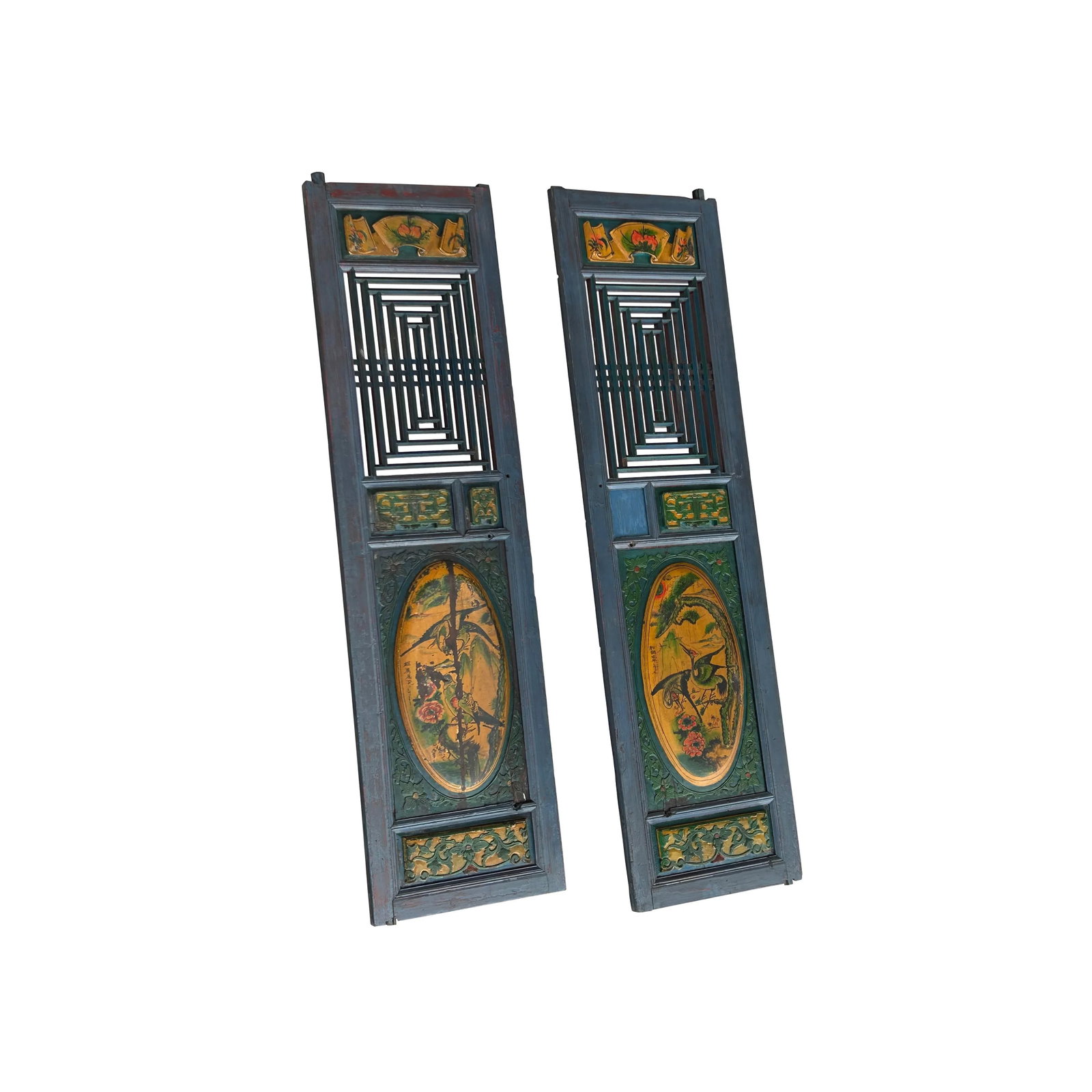 Pair Vintage Chinese Teal Blue Yellow Fujian Style Graphic Wood Wall Door Panels - 7