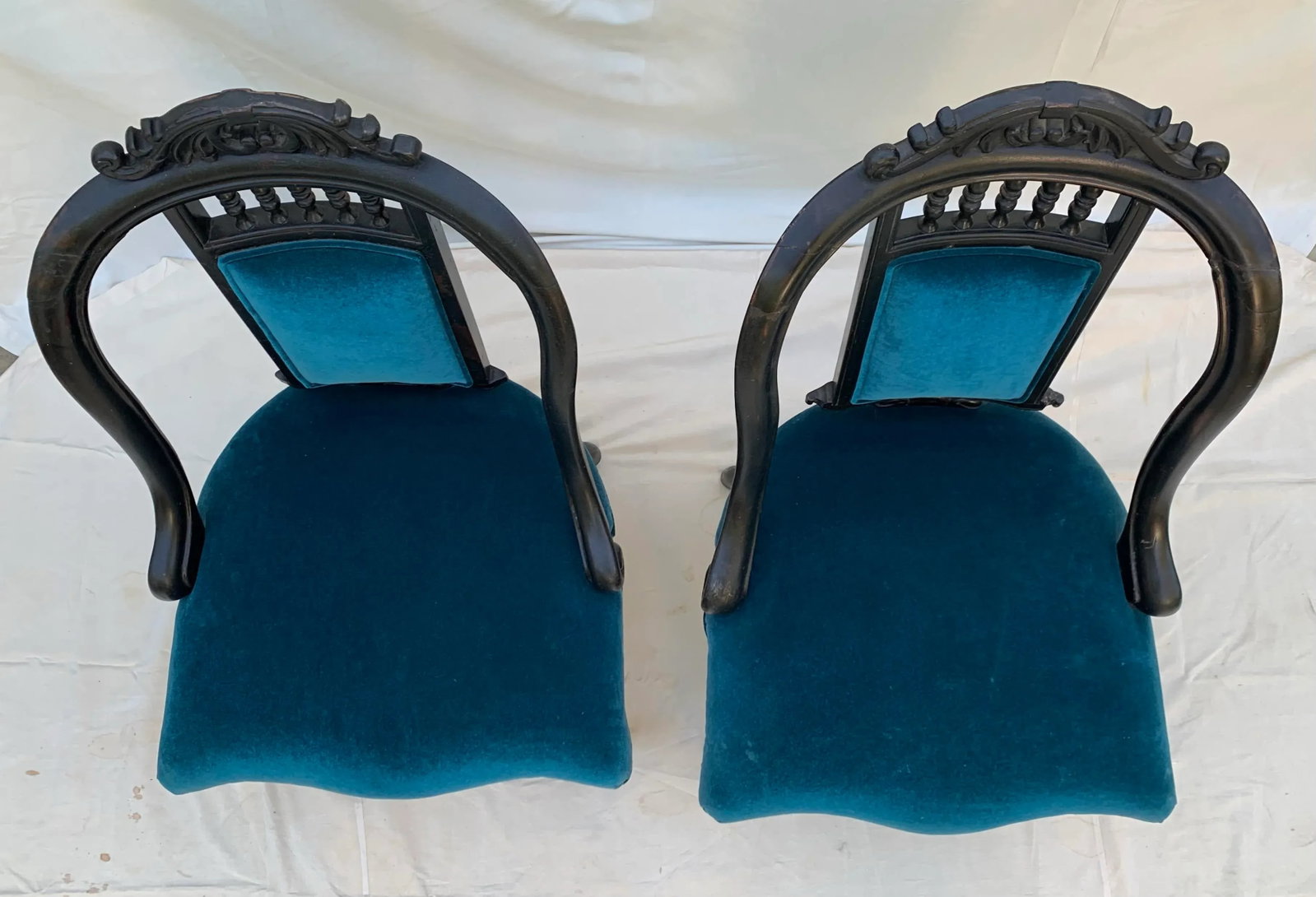 Early 20th Century Victorian Hand Carved Wood Framed Chairs With Blue Velvet Upholstery- a Pair - 2