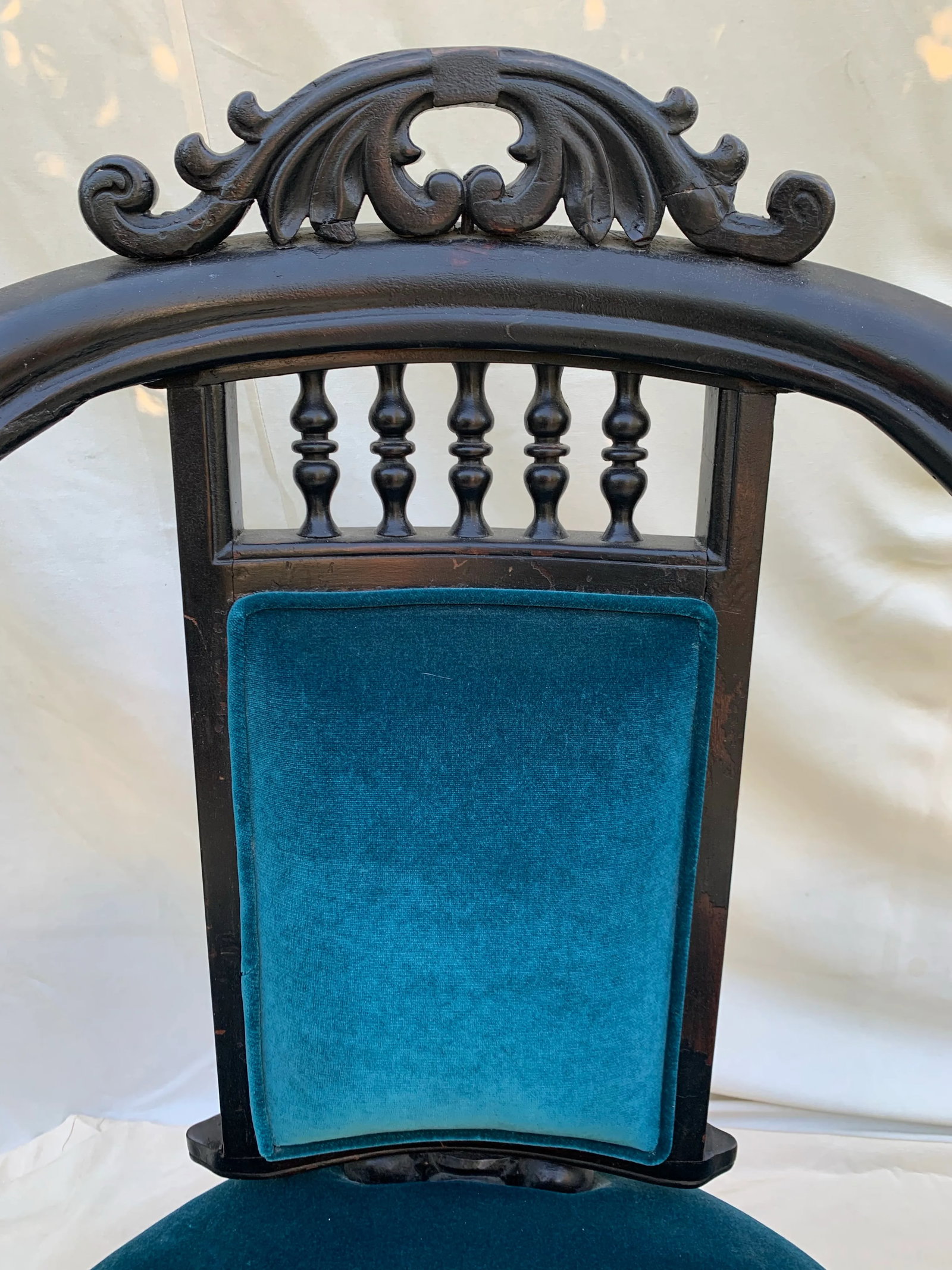 Early 20th Century Victorian Hand Carved Wood Framed Chairs With Blue Velvet Upholstery- a Pair - 7