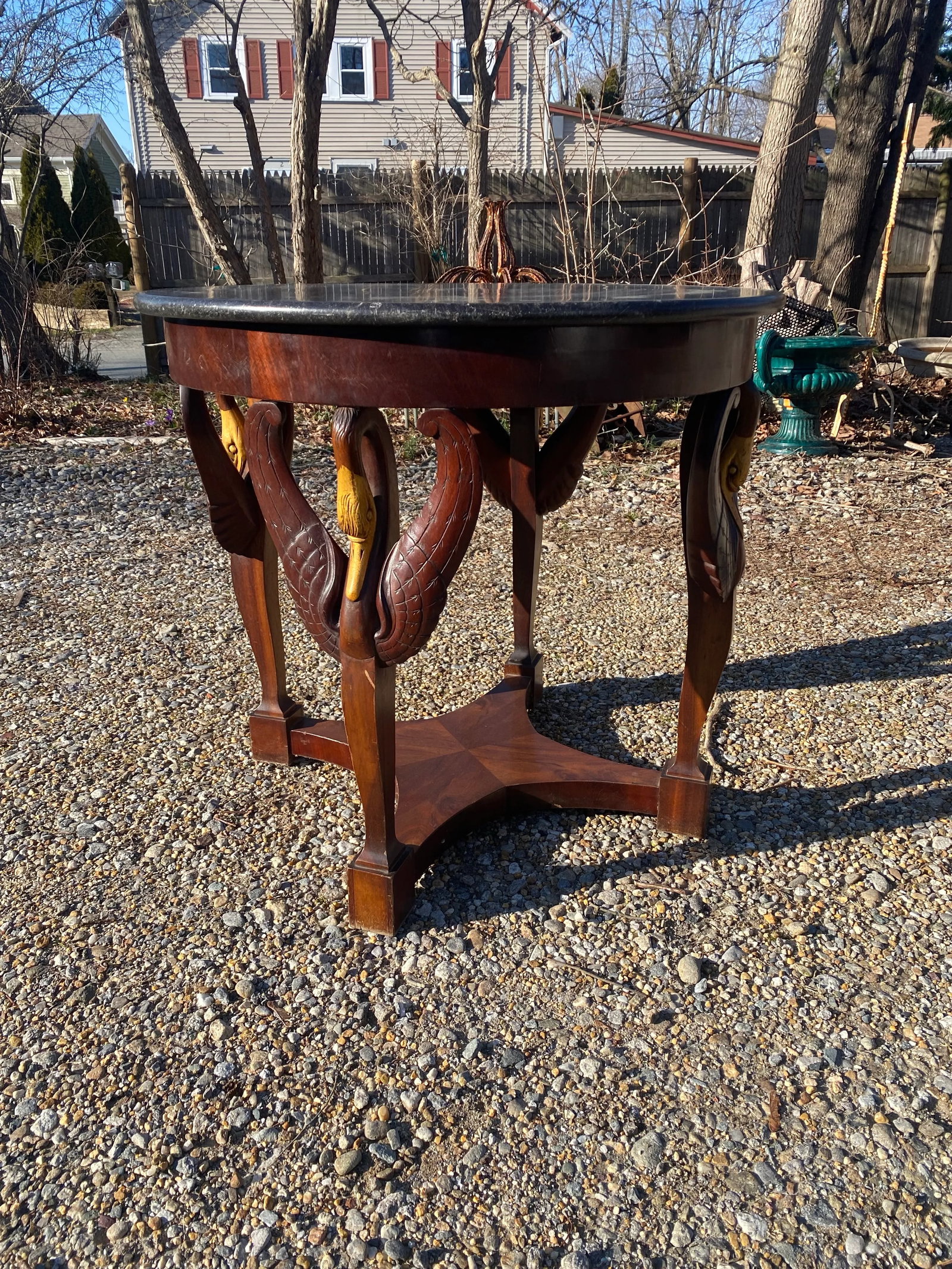 19th Century Empire Center Table Carved Swans Porphyry Stone Top - 2